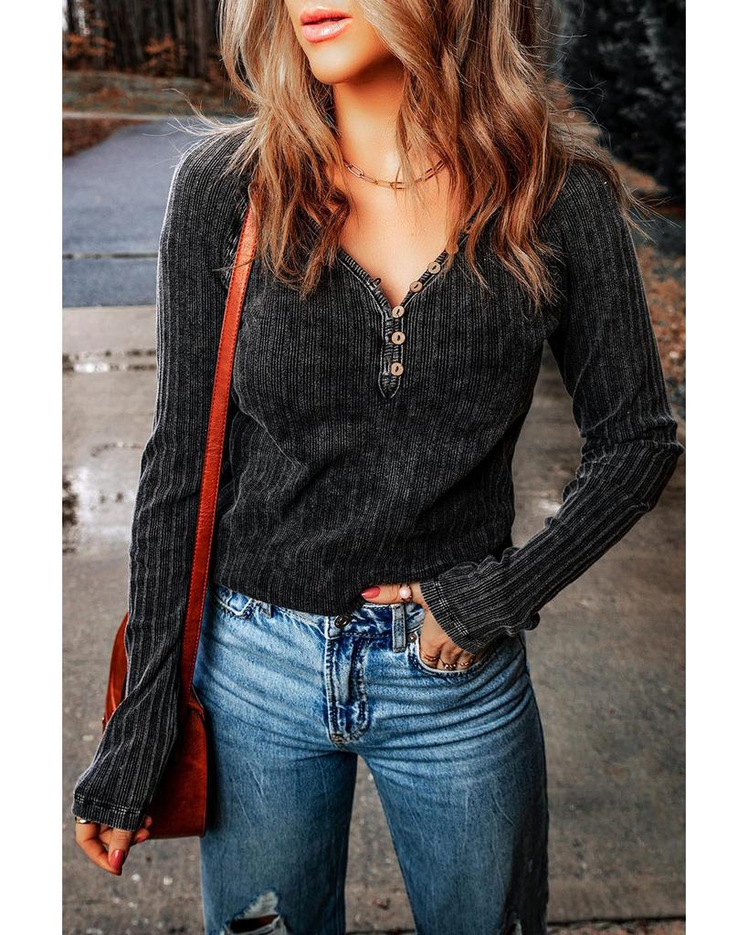 Azura Exchange Black Vintage Ribbed Knit Button V Neck Long Sleeve Top