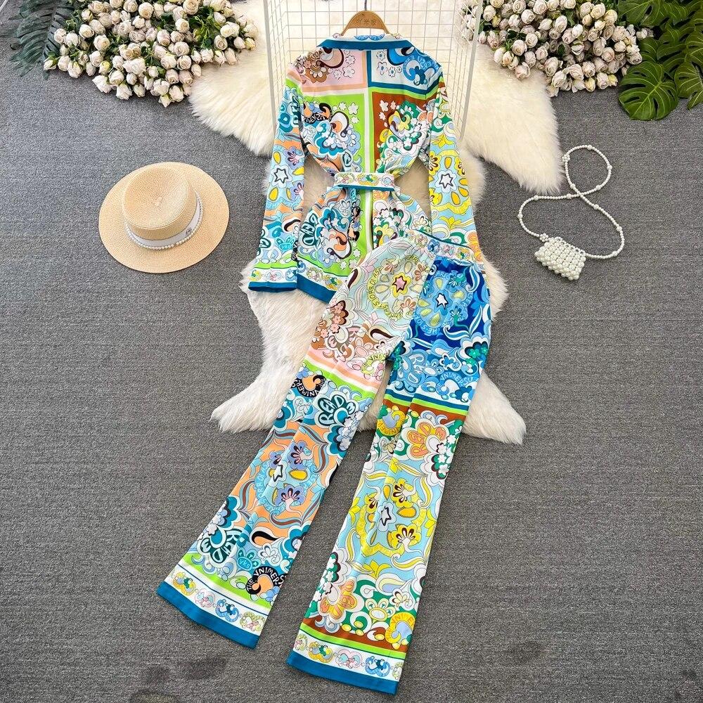 Runway Designer Vintage Pant Two Piece Set for Women Cyanotype Printed Blazer Shirt Trousers Suit