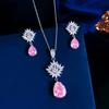 Light Luxury Princess Pink Diamond Earrings Neck Chain Set Full Of Zircon Pink Water Drop Clavicle Chain Stud Earrings Flower Set