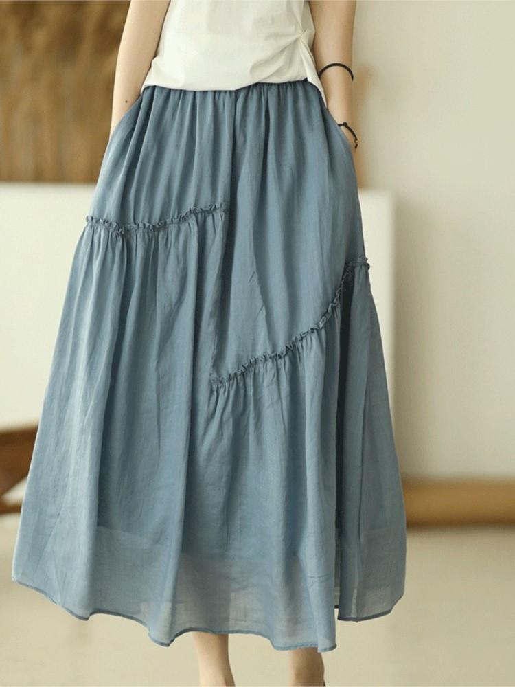 Johnature Женские лоскутные винтажные юбки с эластичной резинкой на талии, однотонные ткани высокого качества, мягкие женские юбки трапециевидной формы