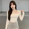 Sexy Square-neck Bottoming Shirt for Women Niche Autumn Wear Long-sleeved T-shirt Slim Drawstring Top Trendy