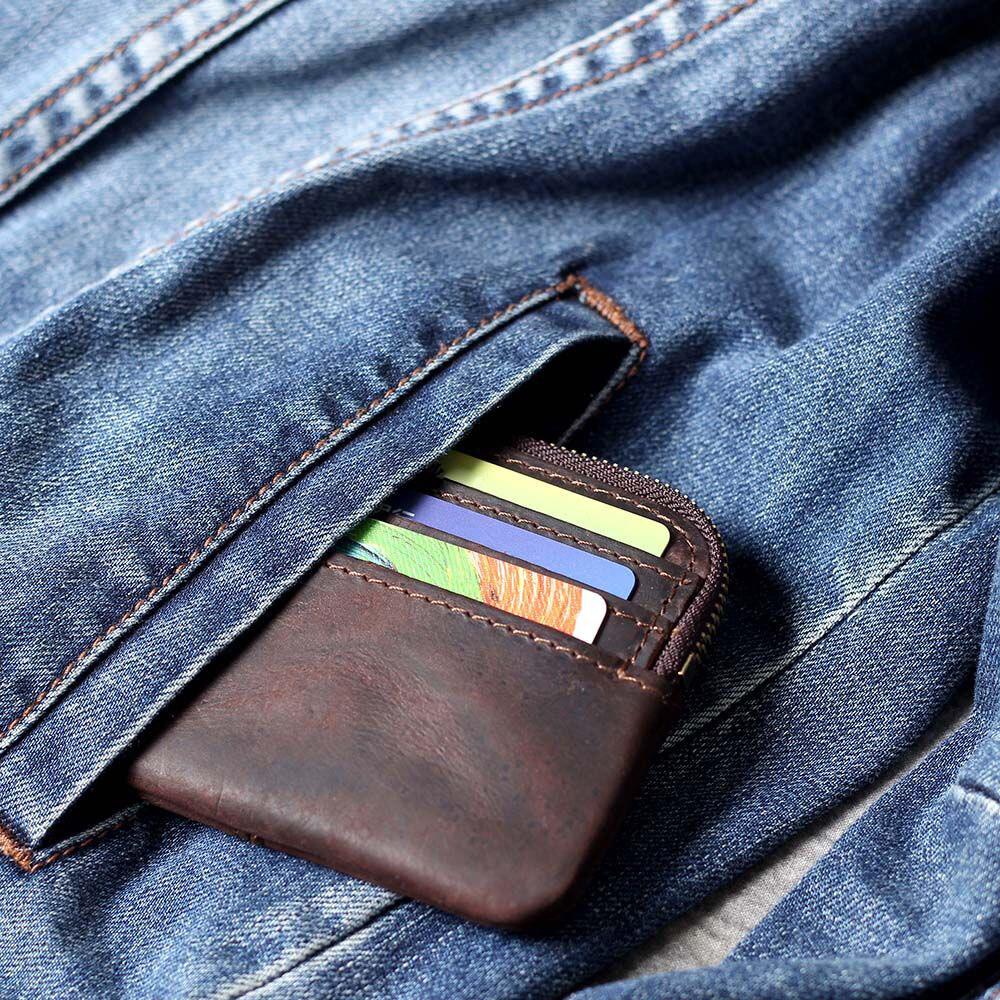 Многослотовое ретро кофейное ручной работы из кожи Crazy Horse мужское дизайнерское портмоне на молнии для монет и кредитных карт, маленькие кармашки