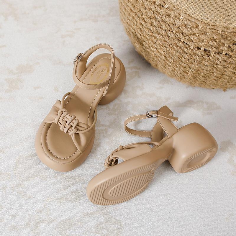 Новые сандалии на толстой подошве с одним ремешком для женской летней обуви, удобные высокие каблуки для женских толстых каблуков