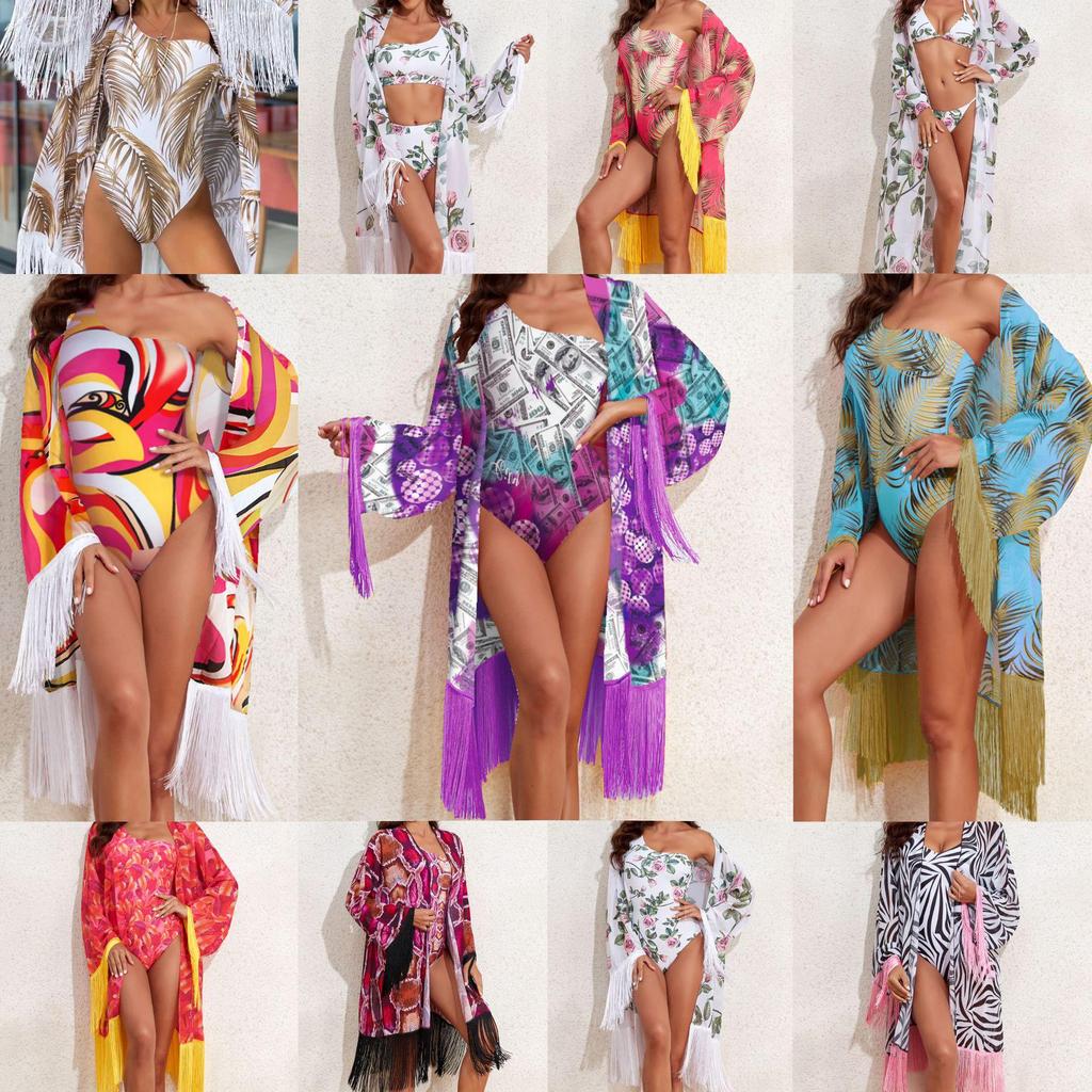 2024 European & American Three-Piece Swimsuit Set: Long Sleeve Sunscreen Cover-up Bikini for Women.