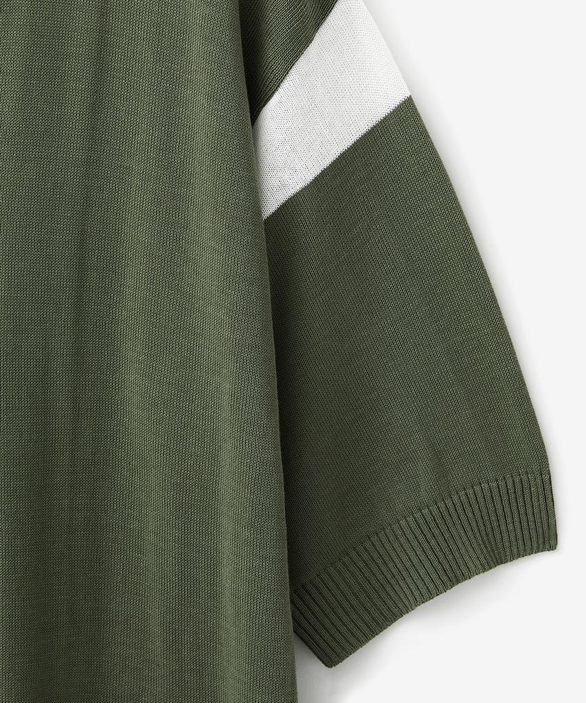 BLOND9 Cotton Varsity Open Collar Short Sleeve Knit_Deep Green