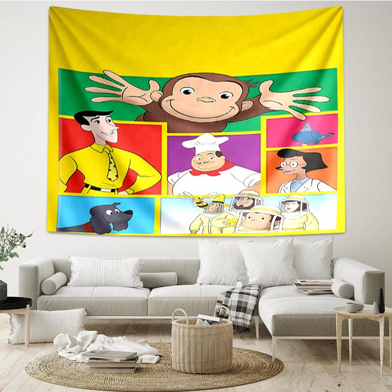 Curious-George Print Tapestry, Backdrop, Easy Setup, Ideal for Bedroom, Office & Living Room, with Aesthetic Wall Hanging Decor.