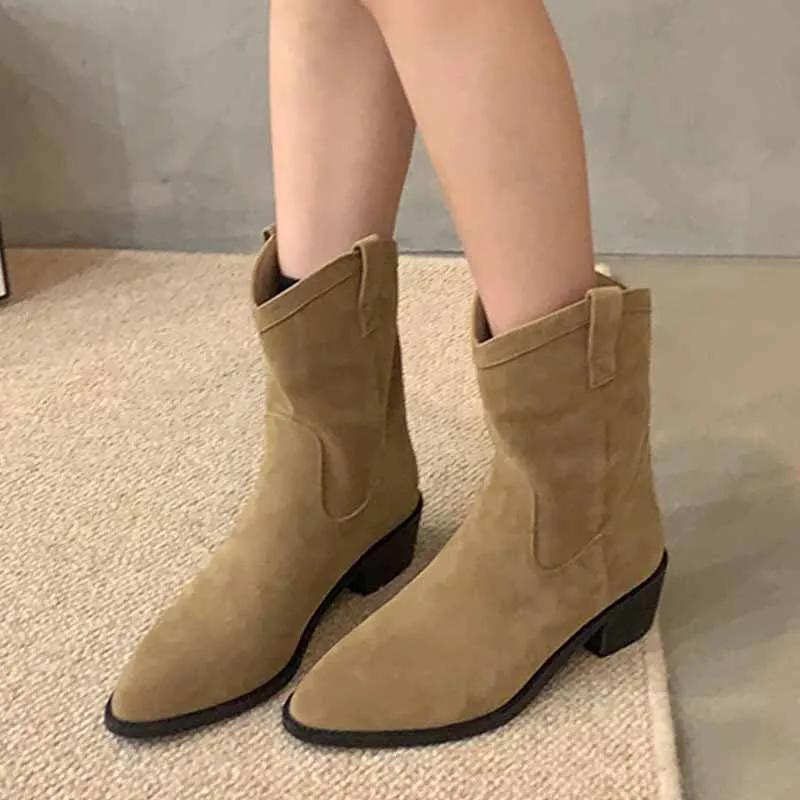 Женские ботильоны из массивной замши, элегантные туфли на среднем каблуке для ходьбы, женские туфли-лодочки 2024 года, зимние туфли-лодочки, дизайнерские повседневные готические туфли-лодочки