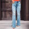 Women's Jeans High Waist Hole Breaking Pants Micro Split Trousers