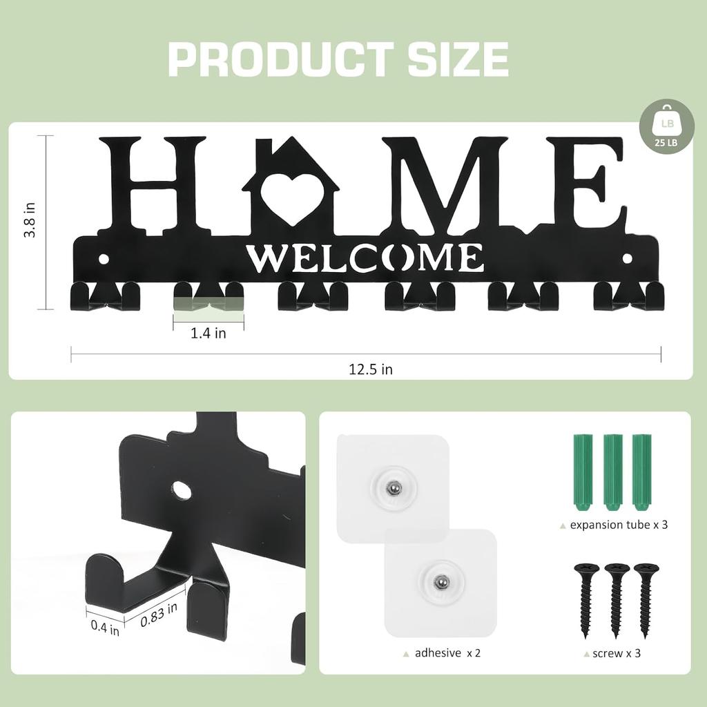 Настенный держатель для ключей, Металлический крючок для ключей на клейкой основе с 6 двойными крючками, 2 способа крепления, Черный