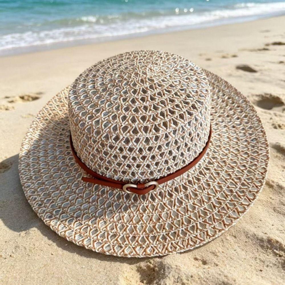Woven Straw Hat Hollow Out Flat Brim Hat French Retro Style Flat Top Hat Coastal Trip