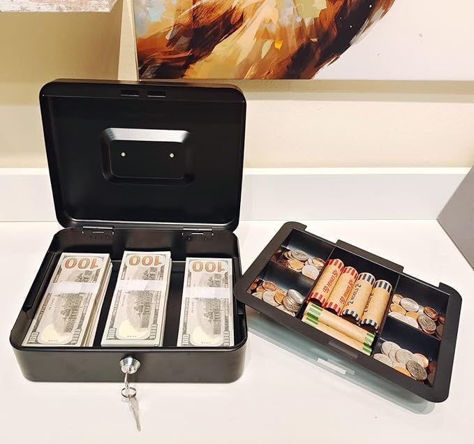 Indian Factory Metal Cash Box with Key Lock, Money and Coin Organizer for Shop, Office and Home, Black, 20D x 25W x 9H Centimeters