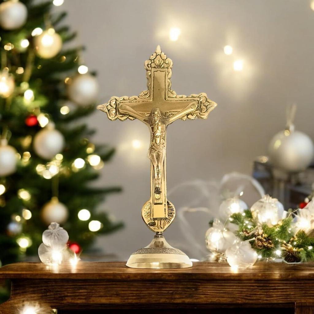 Настольная статуэтка Иисуса Христа из чистой латуни с христианским крестом | Идол на кресте в античной отделке для молитвы | Поклонение, украшение для дома и офиса, золотое (5 дюймов)