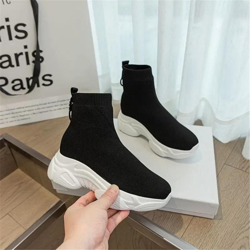 Осенние новые вязаные эластичные носки, женские ботинки, толстая подошва, спортивная повседневная обувь, женская легкая нескользящая платформа, ботинки Mujer