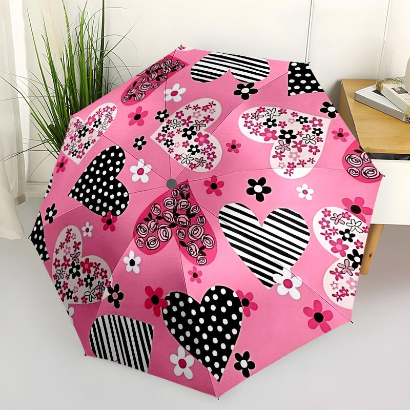 1pc Heart Print Automatic Folding Umbrella, 8 Ribs Iron Frame, Suitable for Outdoor Travel and Daily Use yy251120229