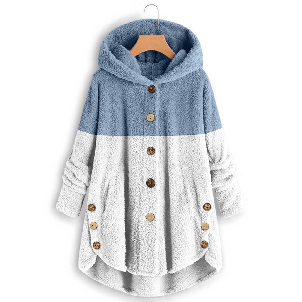 Women's Fashion Stitching Loose Hoodies Long Sleeve Plush Button Coat