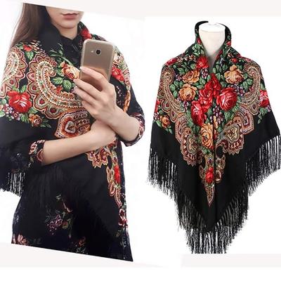 Женский традиционный шарф-обертка с кисточками, шаль с бахромой, шейный платок, ретро-шарф, цветочное пончо, шаль с принтом