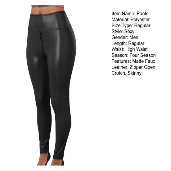 Sexy Women Faux Leather Pants Zipper Open Crotch Skinny Tummy Control Butt-lifted Matte Soft Breathable Exotic Bodycon Trousers Party Nightclub