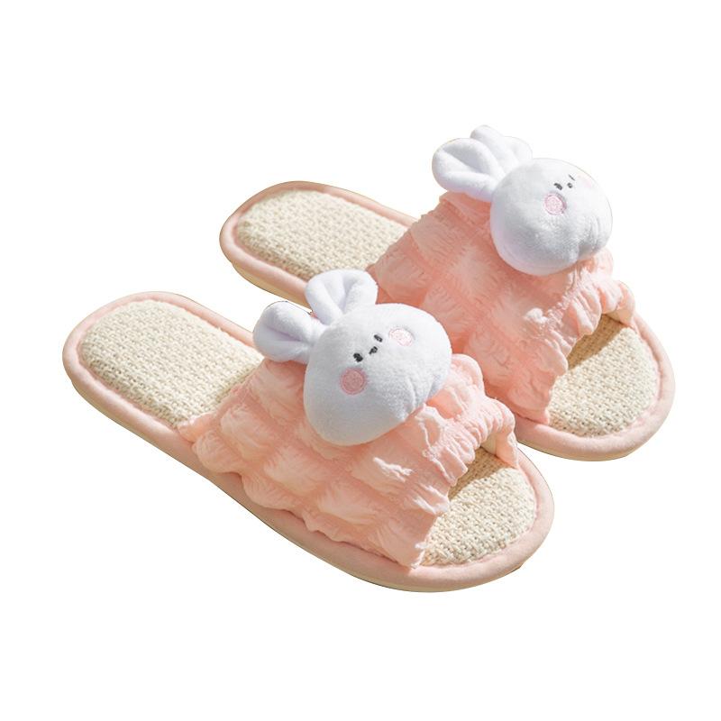 Elegant Hairy Slippers Cartoon Bubble Linen Slippers Net Red Girl Open Sandals Slippers Home Indoor Fabric Slippers Female Home Shoes Slippers Pink