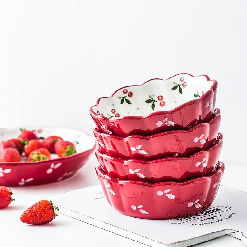 Japanese Style Breakfast Ceramic Bowl Cute Cherry Fruit Salad Bowl Home Dining Dessert Bowl