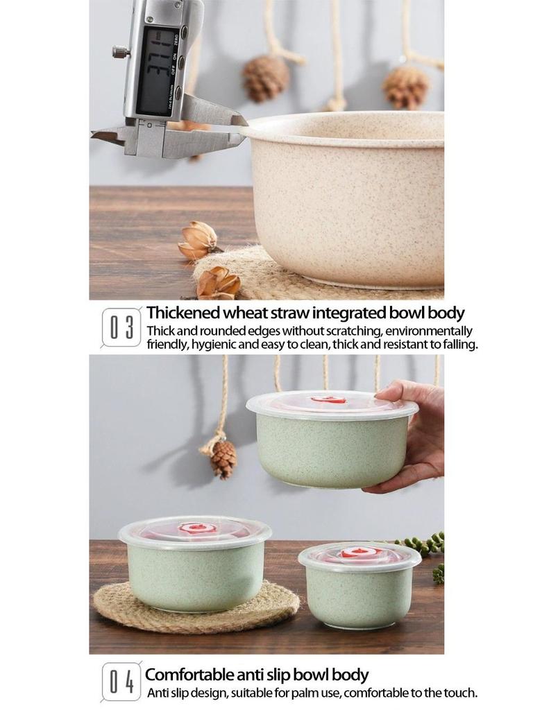 Eco-Friendly Wheat Straw Food Storage Bowl Set with Lids - 3 Pieces, Microwave Safe