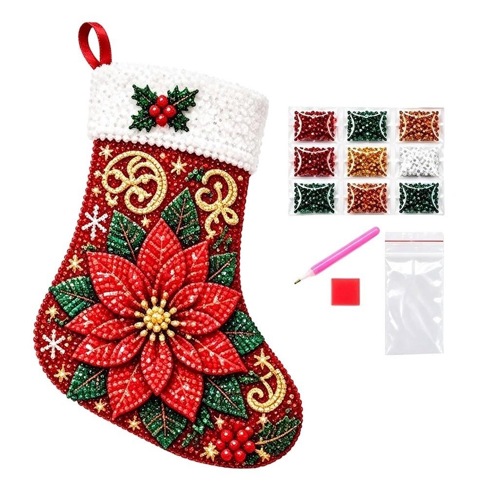 5D Christmas Stocking Diamond Art Kit Snowflake Pattern Diamond Art Stocking Holly Decor