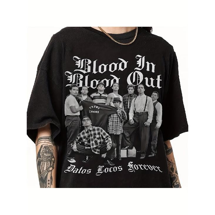 Men's Vintage 90s Blood In Blood Out BIBO & Datos Locos Forever Print T-Shirt - Heavy-Duty Retro Gang Film Graphic Tee, Chicano Streetwear Top, Loose