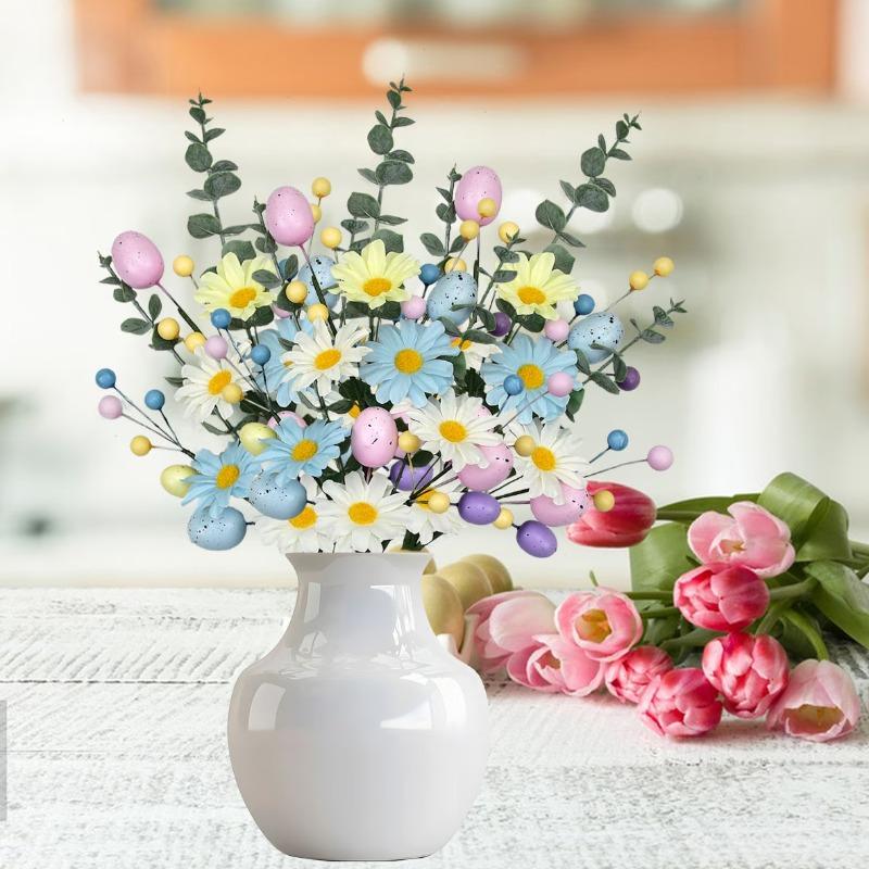 1-10PCS Easter Egg Floral Stems Artificial Daisy Eucalyptus and Berry Sprigs for Vase Centerpiece and Spring Home Decor