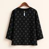 Vintage Casual Blouse, For Women, Elastic Hemp, Floral Print, Round Neck, Three-Quarter Sleeves, Elegant Loose Top