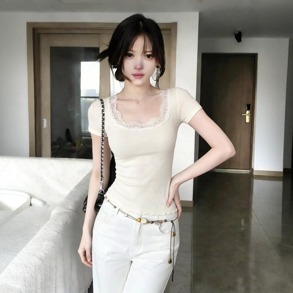 Korean lace splicing short-sleeved T-shirt women's slim and thin sexy top design T-shirt front shoulder slim top
