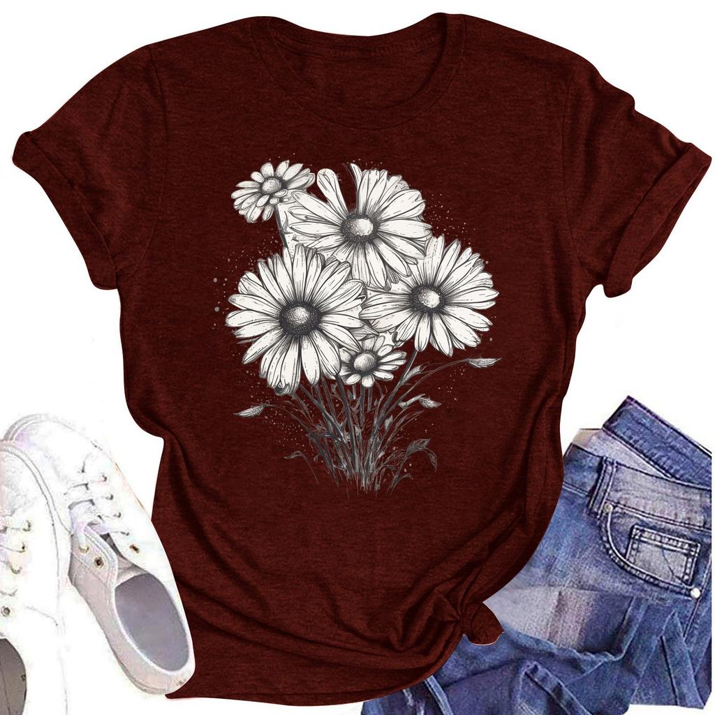 Women's Casual Round Neck Floral Print Short Sleeve T-Shirt Top