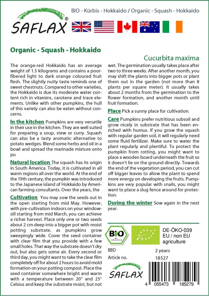 SAFLAX Garden in the Bag - Органический - Тыква - Хоккайдо - 5 семян - С субстратом в подходящем пакете - Cucurbita maxima