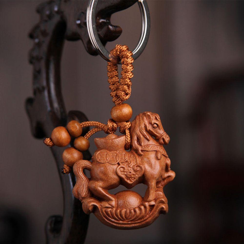 Car Key Ring Gift Key Chain Lucky Mascot Mahogany Engraving Wood Keyring Chinese 12 Zodiac Keychain