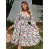 Summer Square Collar Floral Print Dress Women Elegant Fashion Long Sleeve Vintage Dress Plus Size High Waist A-line Party Loose Casual Dresses 1330