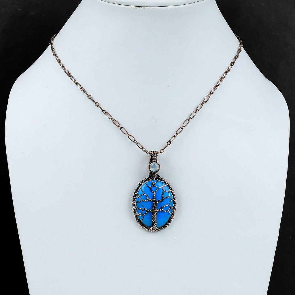 Древо Жизни Спящая Красавица Бирюзовый Кулон Ручной Работы Медная Проволока Обернутые Ювелирные Изделия Лунный Камень Драгоценный Камень Подвеска Медная Проволока Кулон Для Подарка