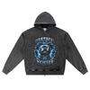 DTG Print Knitted Denim Zip-Up Hoodie Vintage Graphic Brother Print Zipper Hoodies