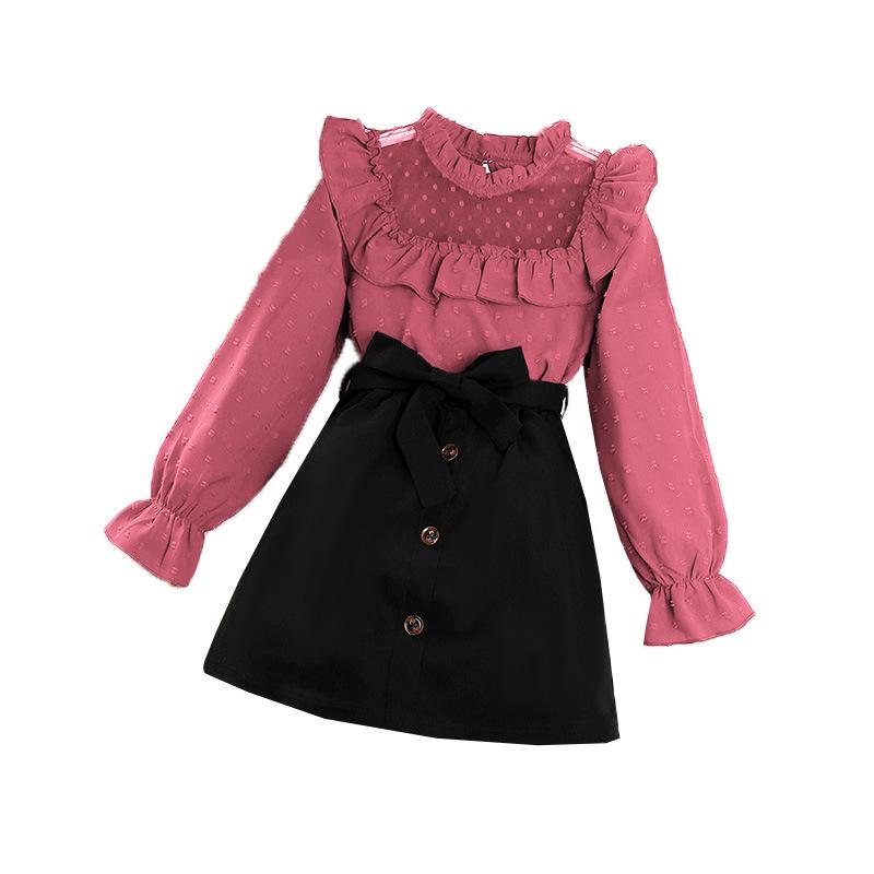 Осенний детский кружевной топ с длинными рукавами и короткая юбка, милый костюм для девочек