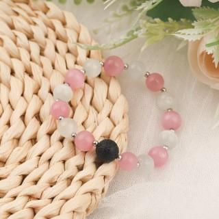 Opal beaded bracelet Valentine's Day gift silver bead spacer elastic rope black volcanic stone white powder cat eye bracelet