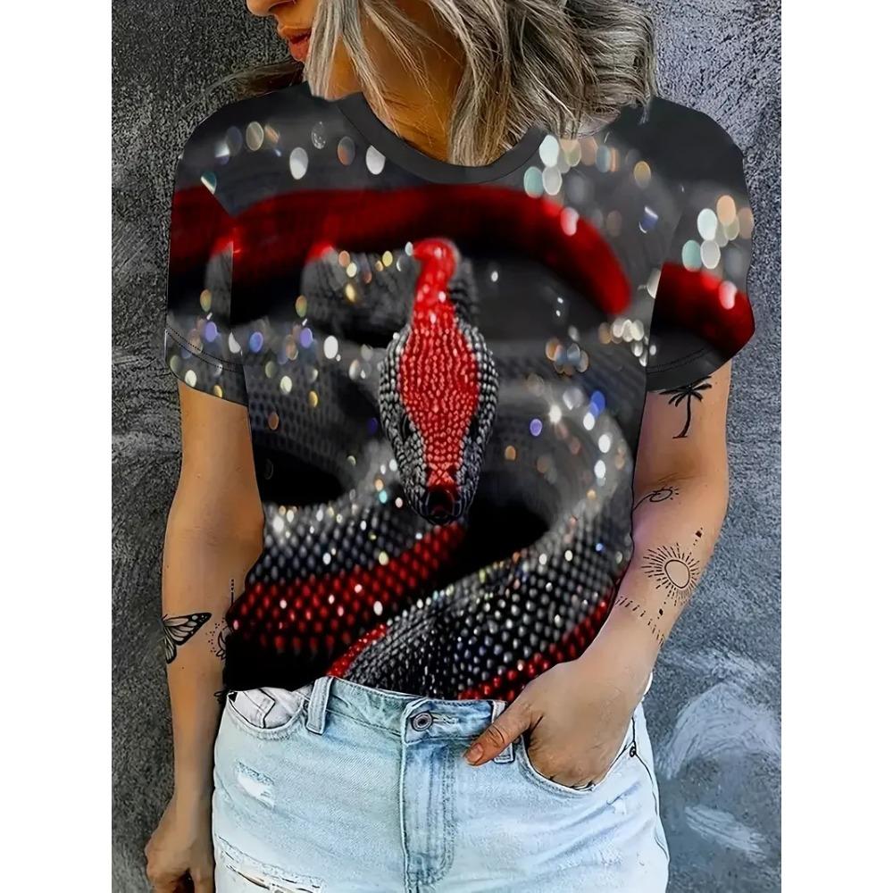 Fun Women's Plus Size T-shirt 3D Snake Print Summer Round Neck Short Sleeved Top Outdoor Casual T-shirt Women's Clothing
