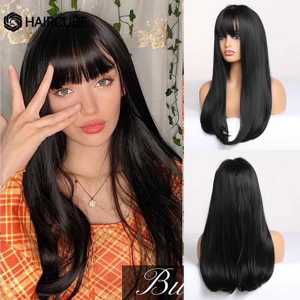 HAIRCUBE Длинные черные прямые парики из синтетических волос Парики из натуральных волос для женщин с челкой Вечерние повседневные парики из высокотемпературного волокна