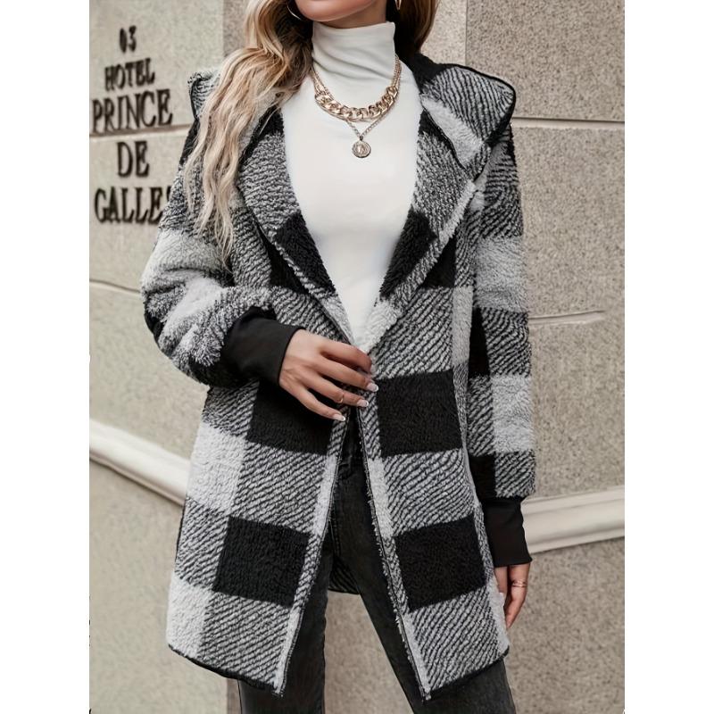 Клетчатый принт с открытым передом, пушистое пальто, повседневное пальто с длинным рукавом и капюшоном для осени и зимы, женская одежда