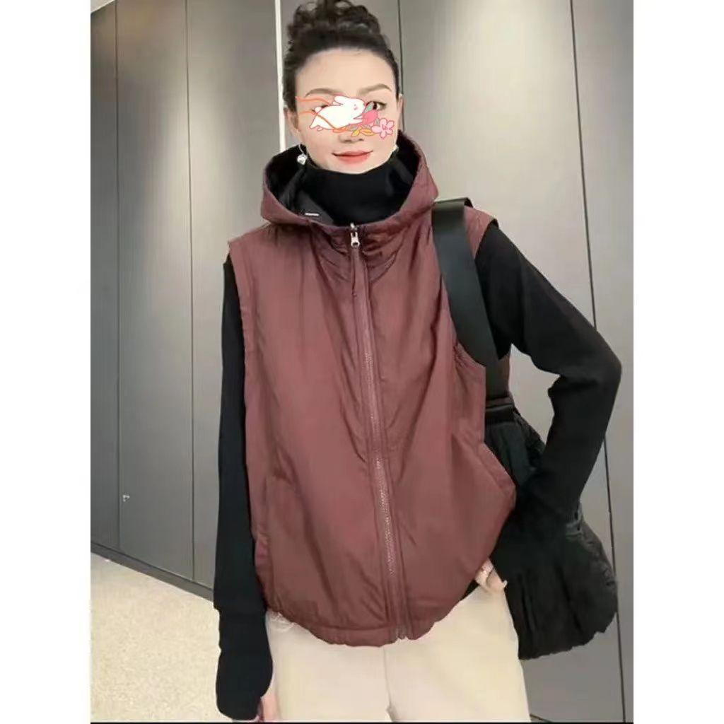 Autumn and Winter Women's Windproof Hooded Vest Solid Color Double-sided Casual Zipper Sleeveless Thick Jacket Vest