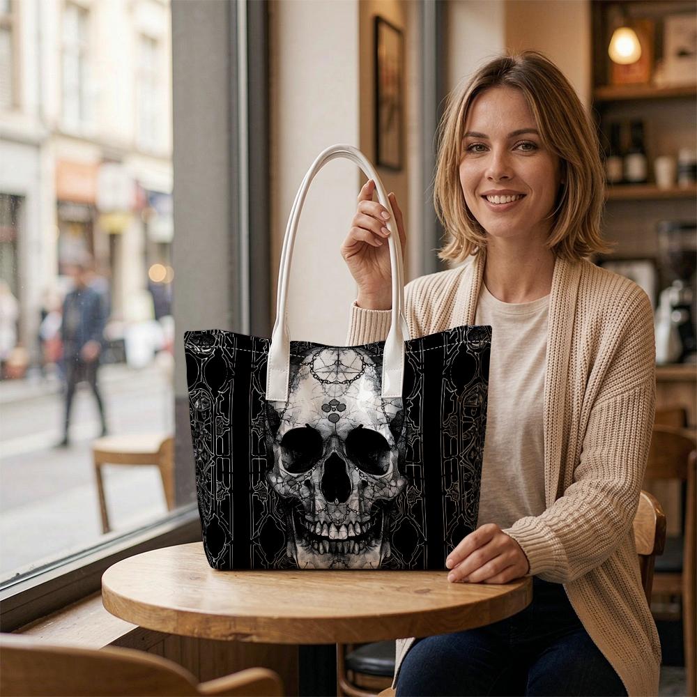 Gothic Skull Pattern Tote Bag Large Capacity Casual Shoulder Bag for Daily Shopping Street Style Trendy Carryall