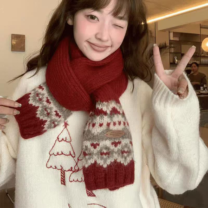 Fair Isle Red Wool Christmas Scarf: Women's Winter 2024 Korean Style Neck Warmer