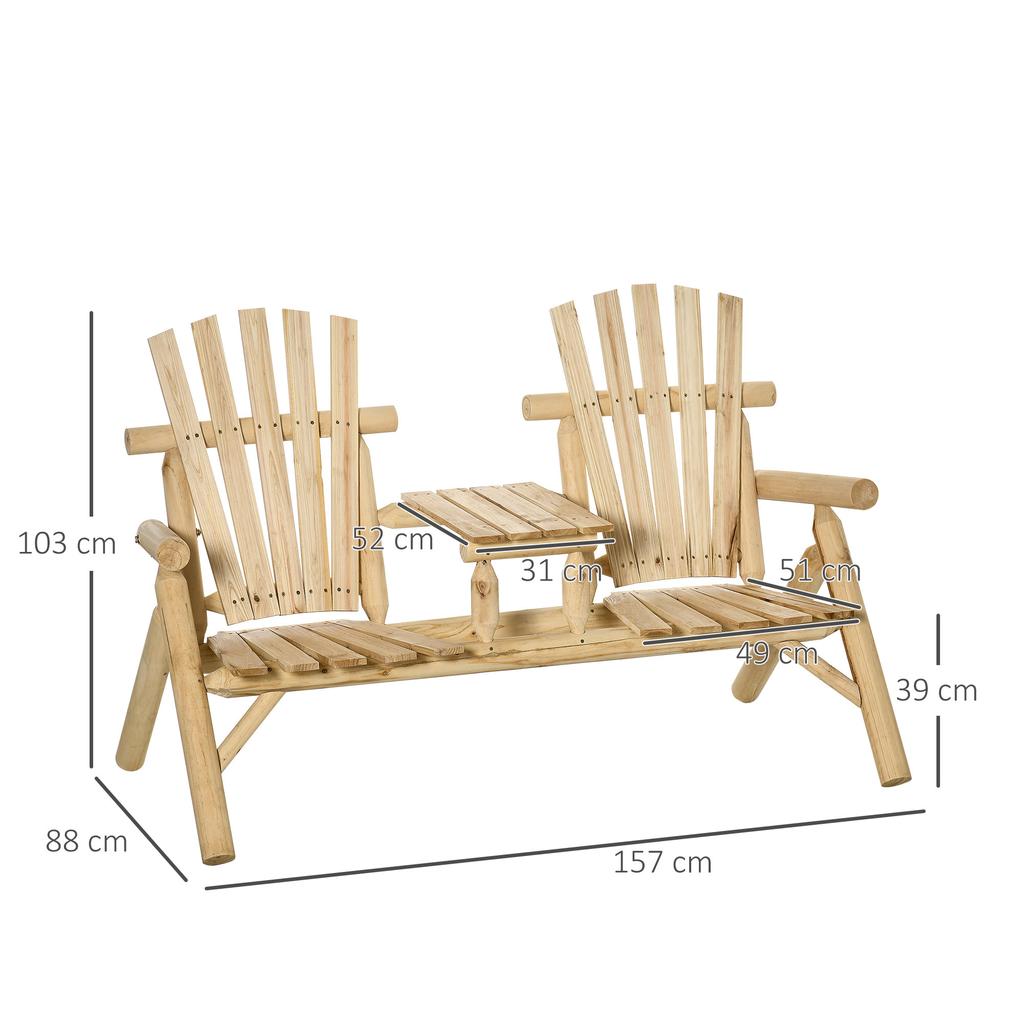 Garden Bench Combination for 2 People, Integrated Table, Natural Wood, 157 x 88 x 103 cm
