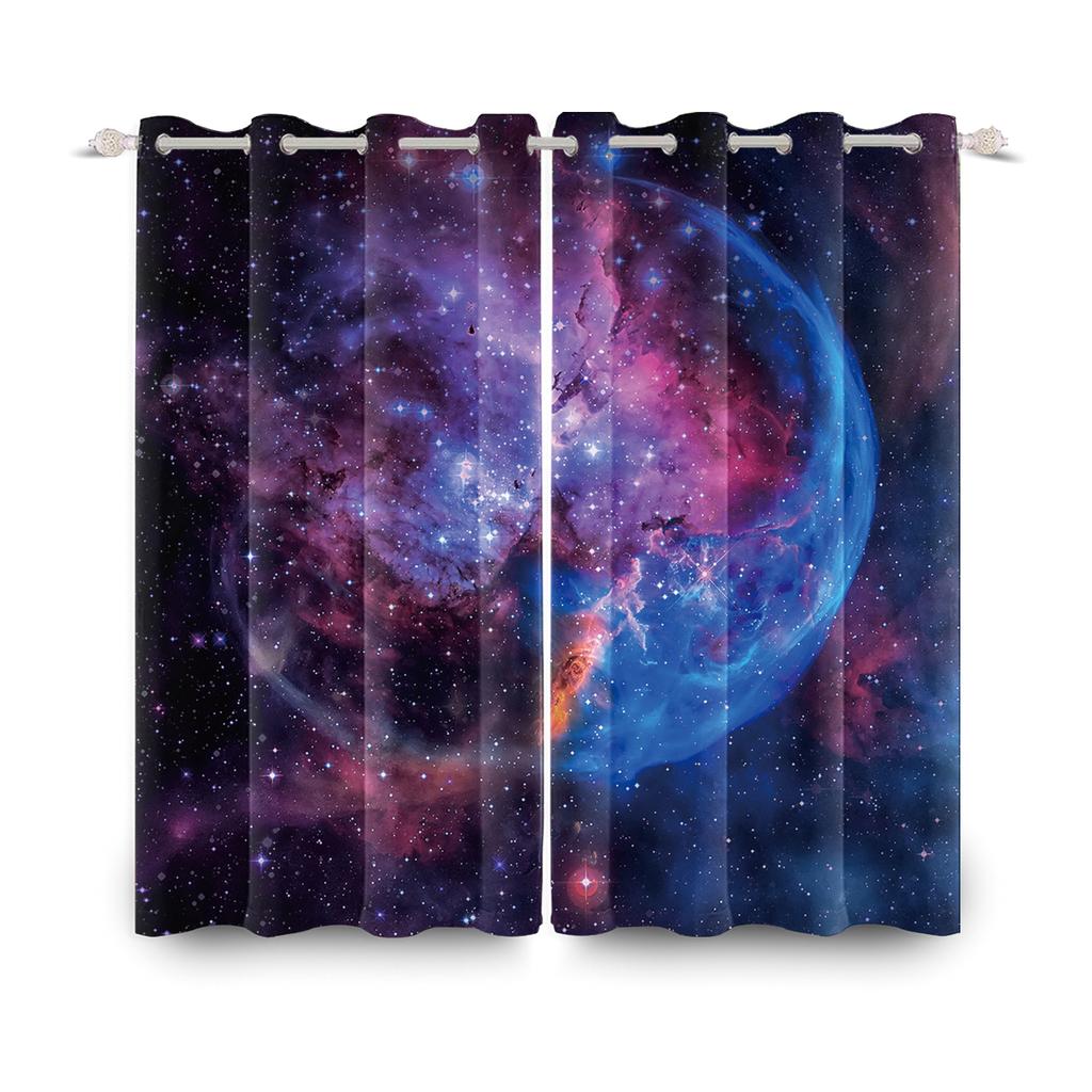 2pcs/set Universe Blue Purple Aurora Window Curtain Outer Space Nebula Home Bedroom Bar Decor Blackout Polyester Fabric Curtains