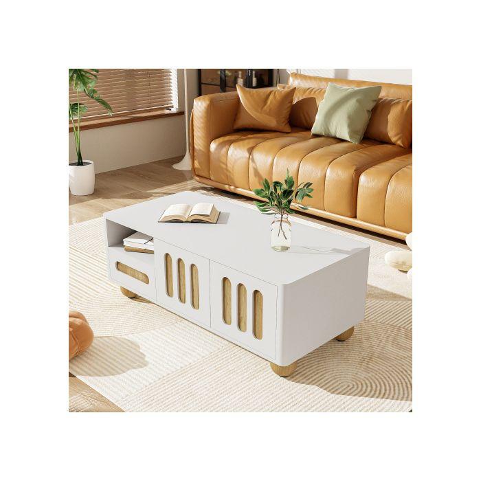 Table basse moderne - MUVOE - 105x50x40 cm - Blanc et aspect bois - 4 portes - 2 tiroirs