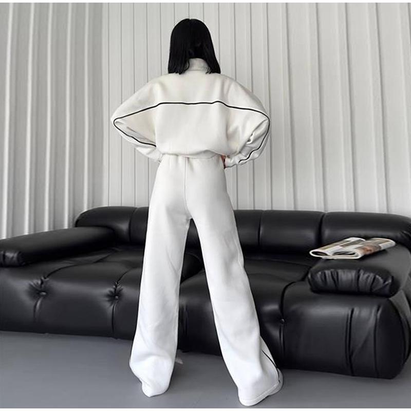 Женский повседневный свободный комплект из двух предметов на весну и осень, длинный рукав, воротник-стойка, толстовка с капюшоном на молнии, эластичный пояс, широкие брюки