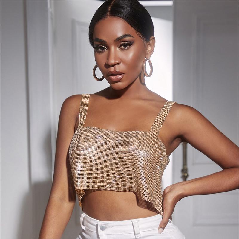 Bling Rhinestones Party Crop Top 2022 Fashion Solid Backless Straps Full Diamonds Sequins Cami Cropped Top for Women