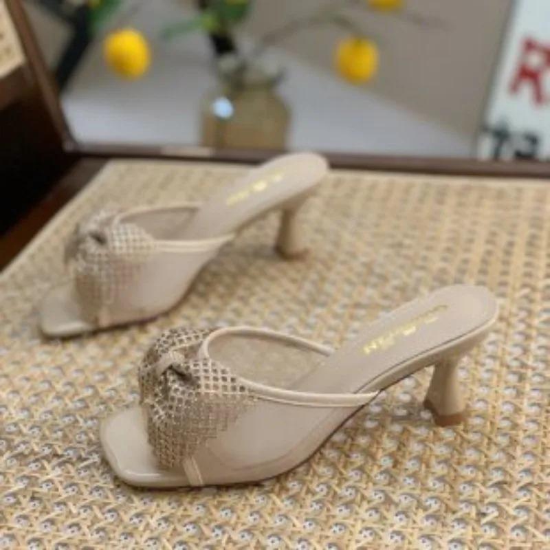 Модные женские туфли с сетчатым бантом на высоком каблуке, новые французские повседневные полые женские сандалии, дизайнерские повседневные женские тапочки