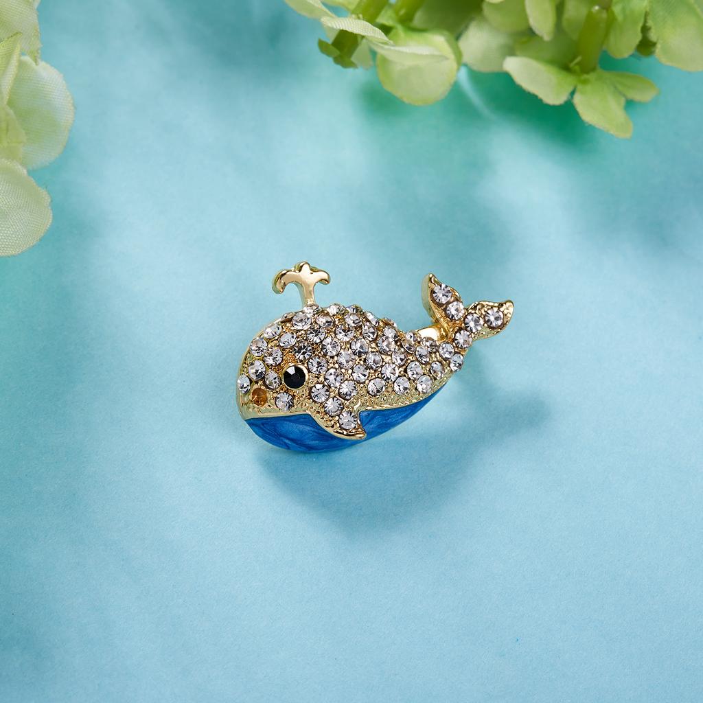 Rinhoo Lucky Fish Enamel Lapel Pins Sparkling Rhinestone Animal Goldfish Dolphin Whale Shark Brooch Clothes Badge Button Jewelry